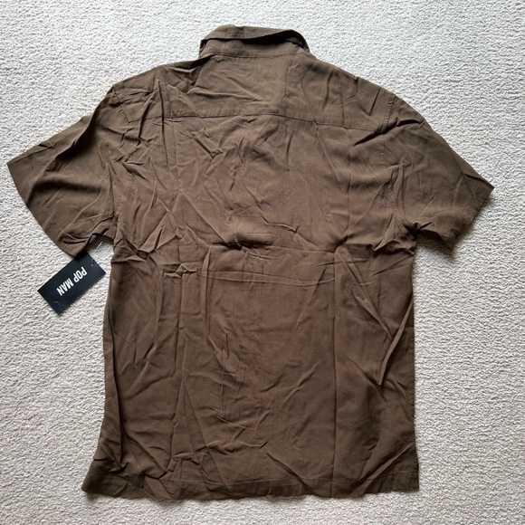 Pop Man Men's Short Sleeve Button Up Shirt Top Tee Brown Collared Soft Viscose M - Picture 5 of 6